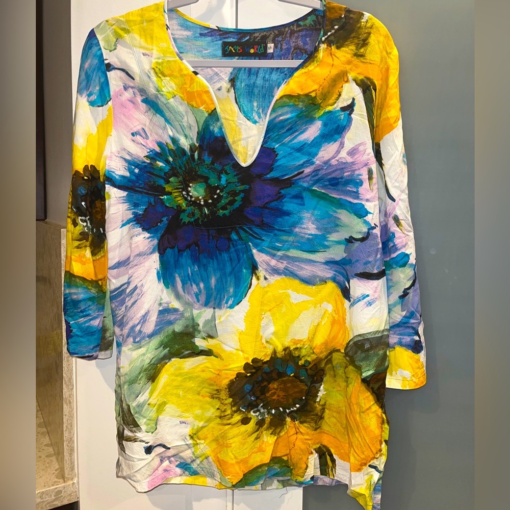 Jams World Belle Fleur  V Neck Pullover Rayon Tunic 3/4 Sleeve Blouse S